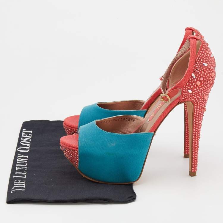 Pre Owned Gina Turquoise/Red Satin and Canvas Crystal Embellished Platform Ankle Strap Sandals Size 39