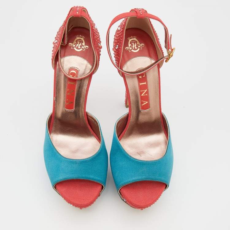 Pre Owned Gina Turquoise/Red Satin and Canvas Crystal Embellished Platform Ankle Strap Sandals Size 39