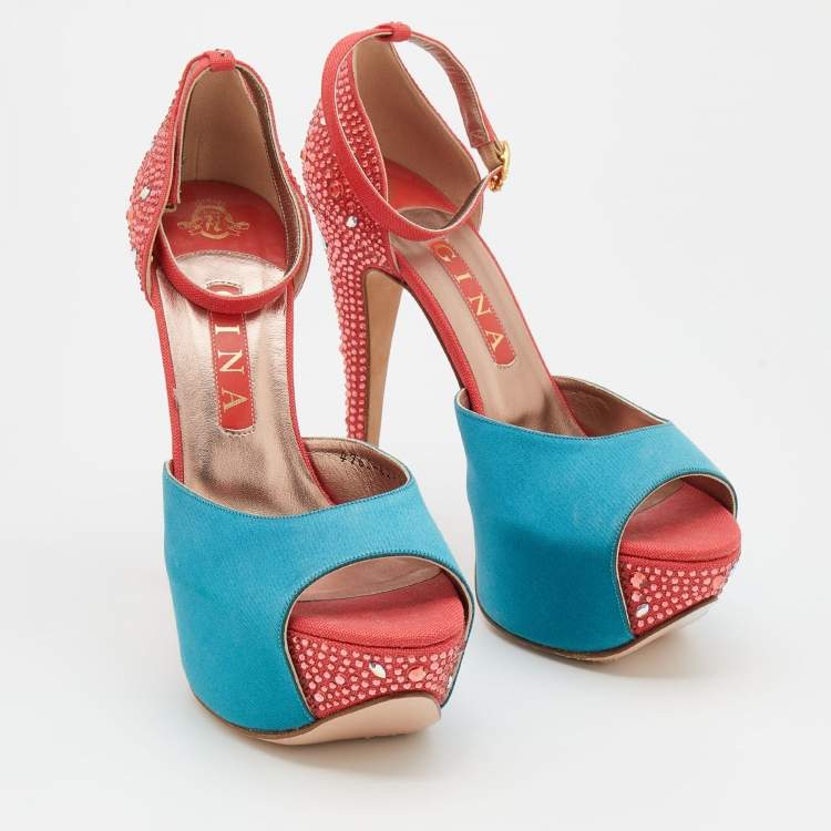 Pre Owned Gina Turquoise/Red Satin and Canvas Crystal Embellished Platform Ankle Strap Sandals Size 39