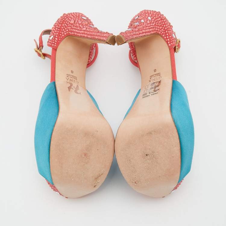 Pre Owned Gina Turquoise/Red Satin and Canvas Crystal Embellished Platform Ankle Strap Sandals Size 39