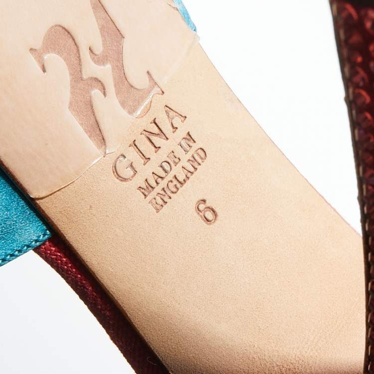 Pre Owned Gina Turquoise/Red Satin and Canvas Crystal Embellished Platform Ankle Strap Sandals Size 39
