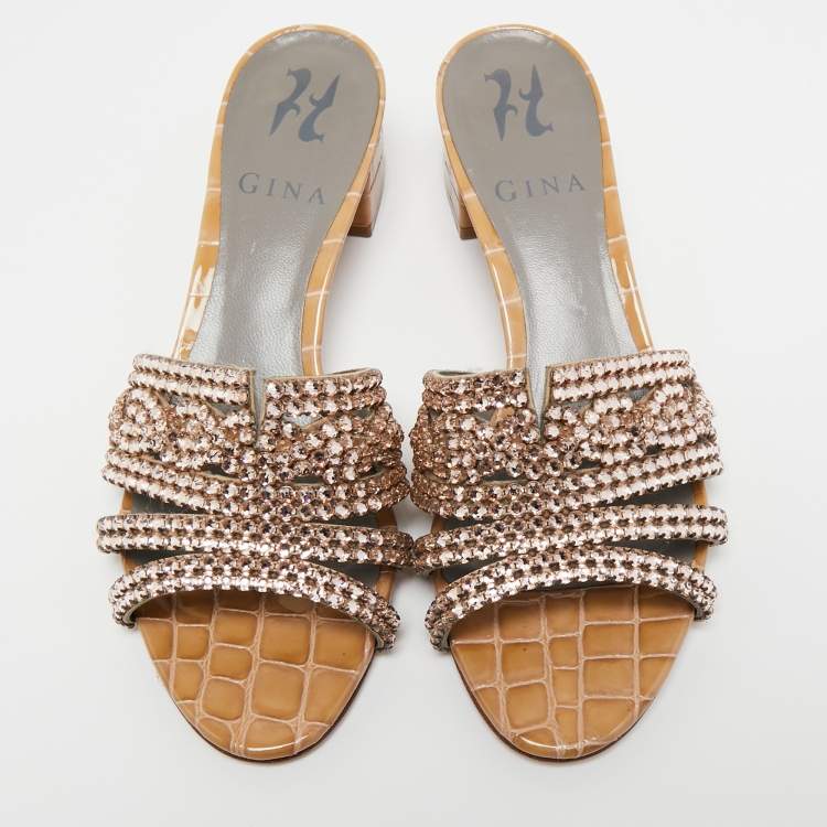 Pre Owned Gina Beige Croc Embossed Patent Leather Crystal Embellished Slide Sandals Size 36.5