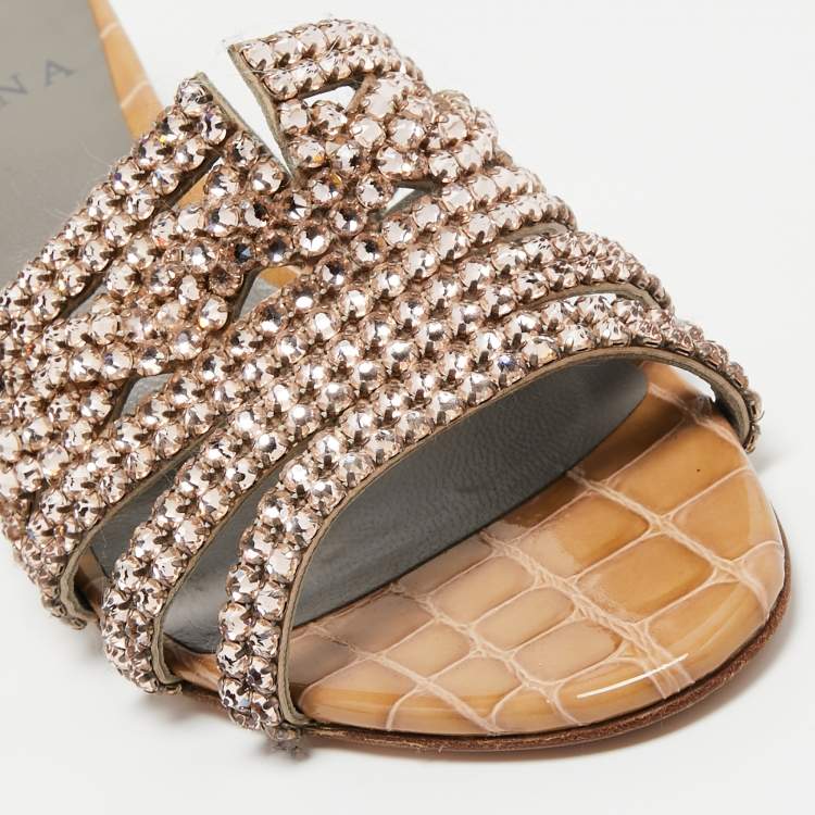 Pre Owned Gina Beige Croc Embossed Patent Leather Crystal Embellished Slide Sandals Size 36.5