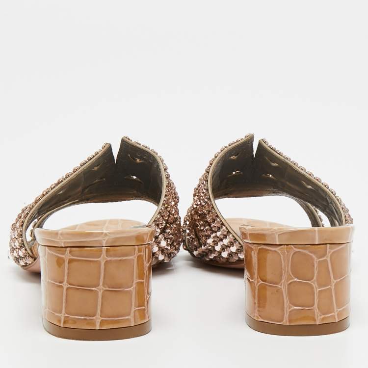 Pre Owned Gina Beige Croc Embossed Patent Leather Crystal Embellished Slide Sandals Size 36.5