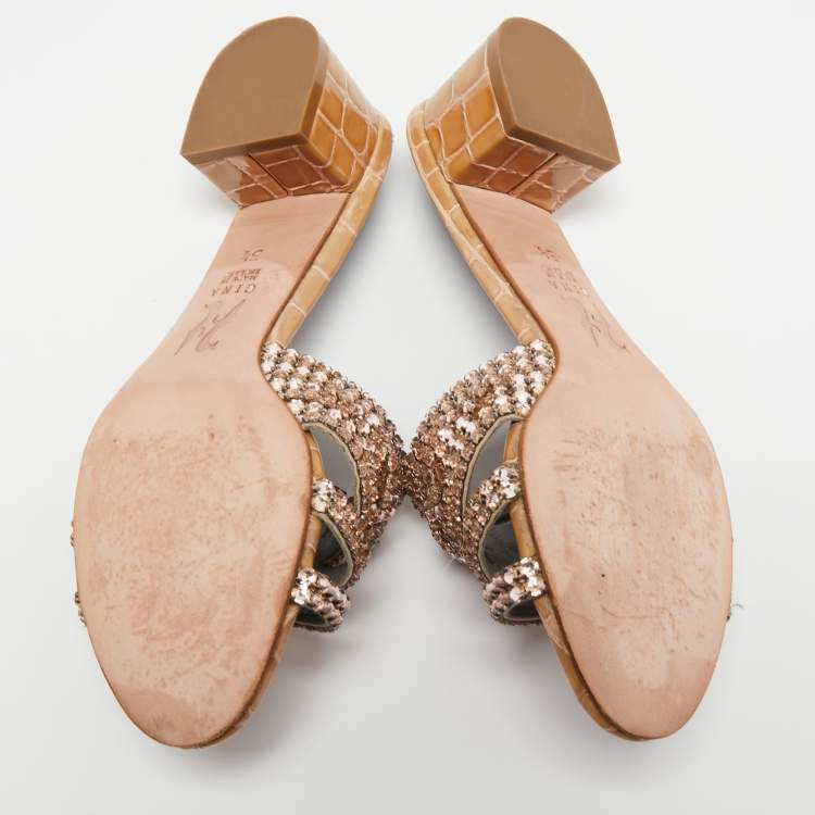 Pre Owned Gina Beige Croc Embossed Patent Leather Crystal Embellished Slide Sandals Size 36.5