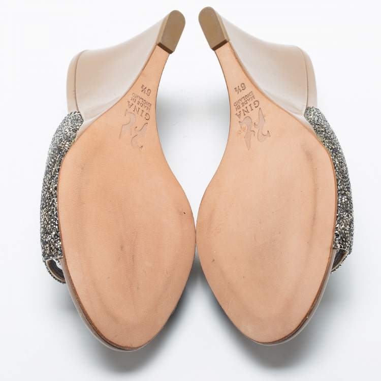 Pre Owned Gina  Brown/Silver Leather Crystal Embellished Wedge Sandals Size 39.5