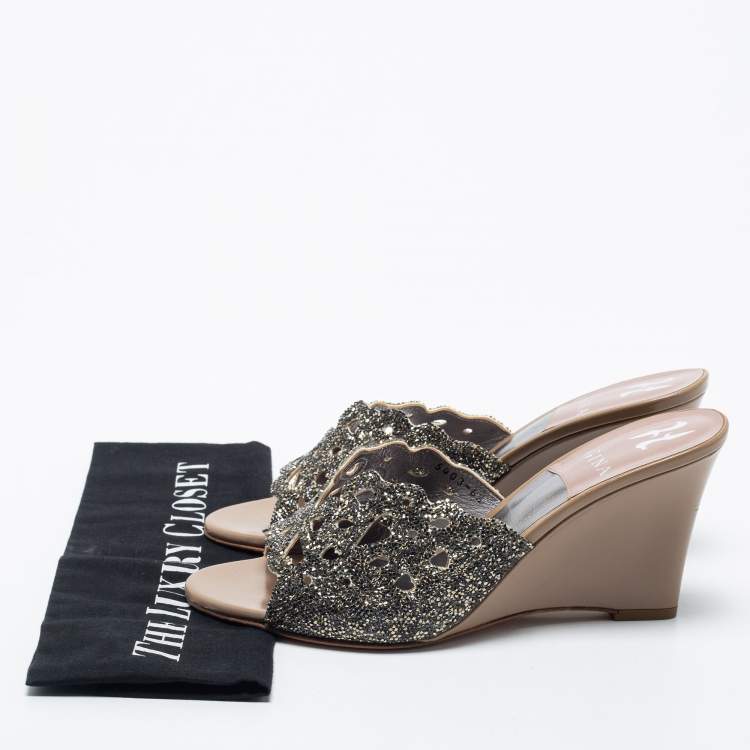 Pre Owned Gina  Brown/Silver Leather Crystal Embellished Wedge Sandals Size 39.5