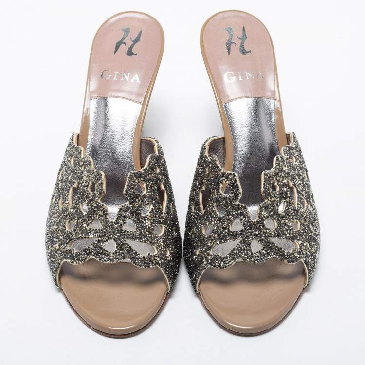 Pre Owned Gina  Brown/Silver Leather Crystal Embellished Wedge Sandals Size 39.5