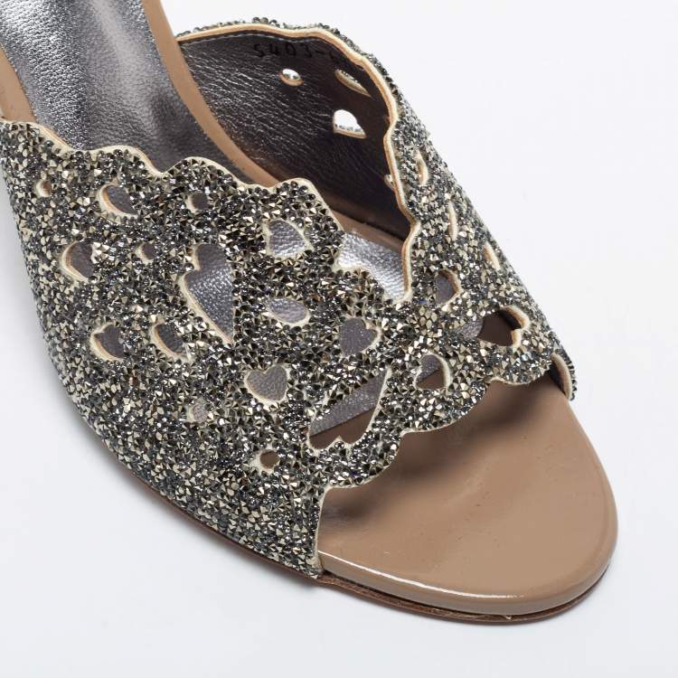 Pre Owned Gina  Brown/Silver Leather Crystal Embellished Wedge Sandals Size 39.5