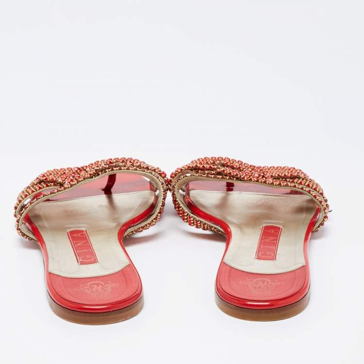 Pre Owned Gina Red/Gold Crystal Embellished Leather Flat Slides Size 37