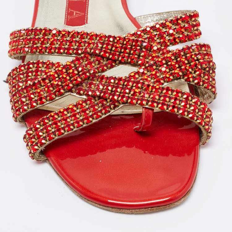 Pre Owned Gina Red/Gold Crystal Embellished Leather Flat Slides Size 37