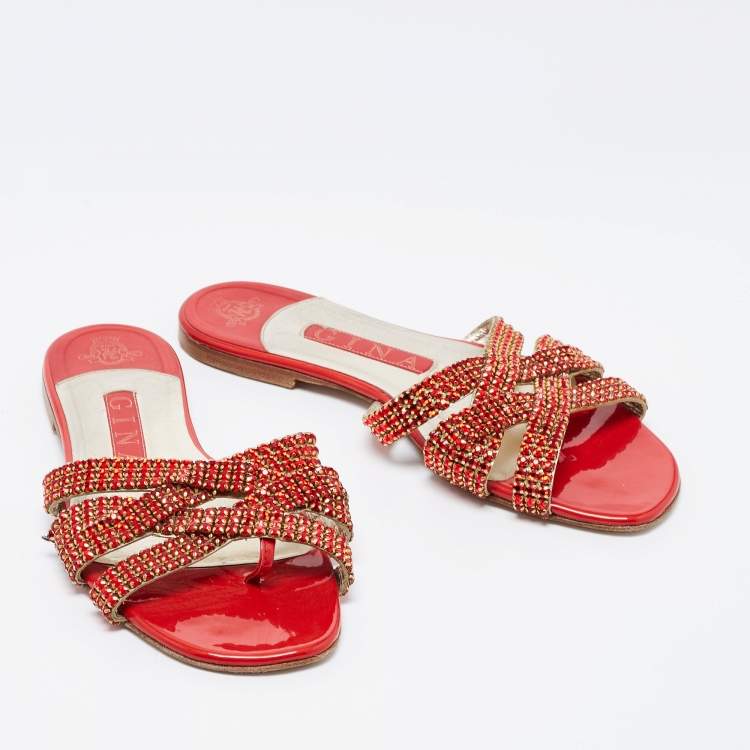 Pre Owned Gina Red/Gold Crystal Embellished Leather Flat Slides Size 37