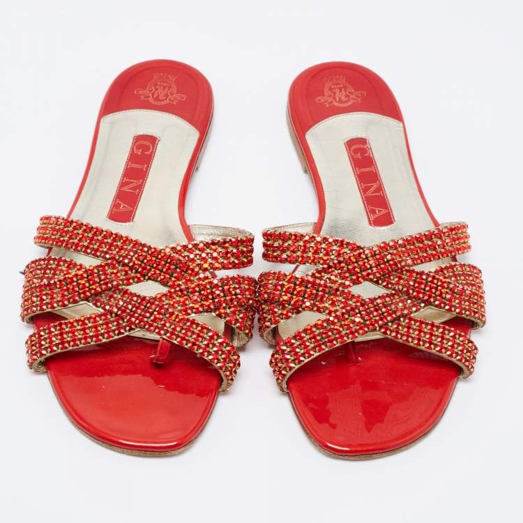 Pre Owned Gina Red/Gold Crystal Embellished Leather Flat Slides Size 37