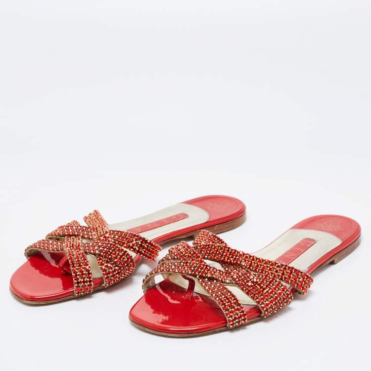 Pre Owned Gina Red/Gold Crystal Embellished Leather Flat Slides Size 37