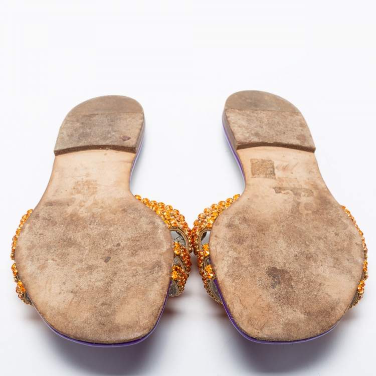 Pre Owned Gina Purple/Gold Crystals Embellished Patent Leather Flat Slides Size 37