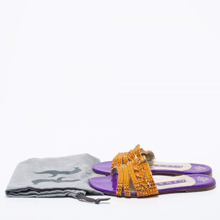 Pre Owned Gina Purple/Gold Crystals Embellished Patent Leather Flat Slides Size 37