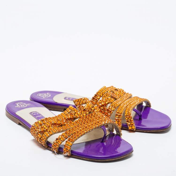 Pre Owned Gina Purple/Gold Crystals Embellished Patent Leather Flat Slides Size 37