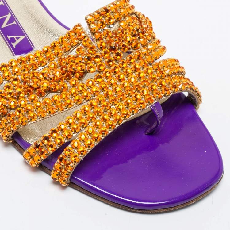 Pre Owned Gina Purple/Gold Crystals Embellished Patent Leather Flat Slides Size 37