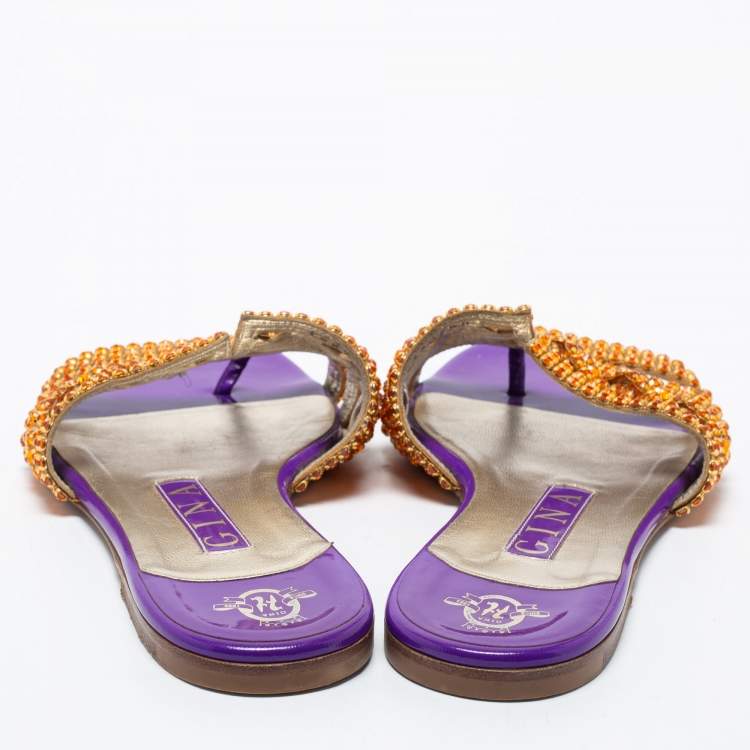 Pre Owned Gina Purple/Gold Crystals Embellished Patent Leather Flat Slides Size 37