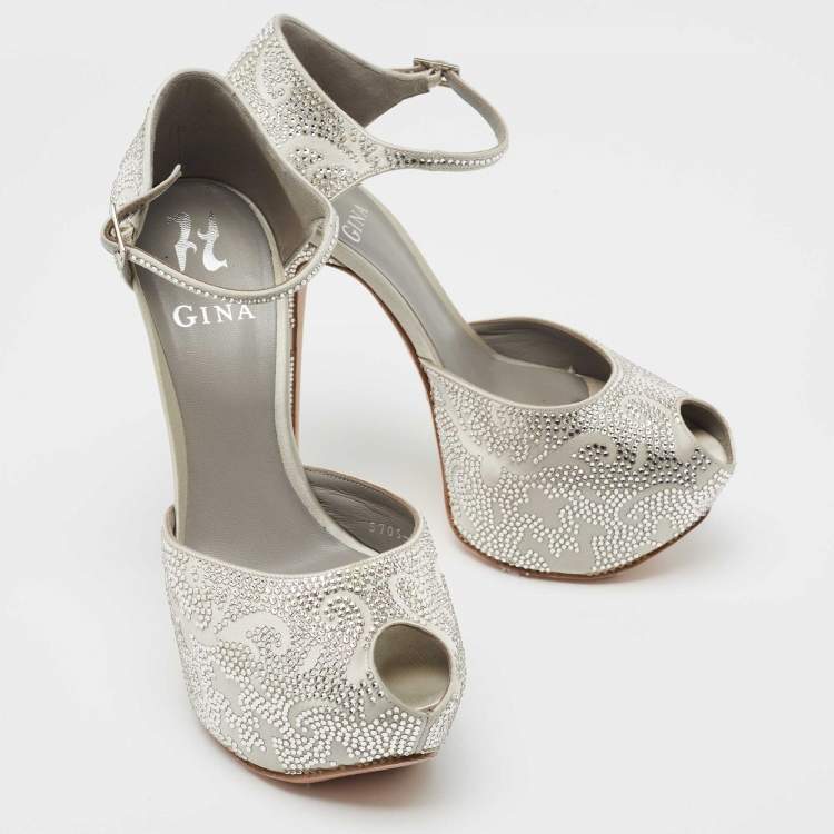 Pre Owned Gina Grey Satin Crystal Embellished Peep Toe Pumps Size 38