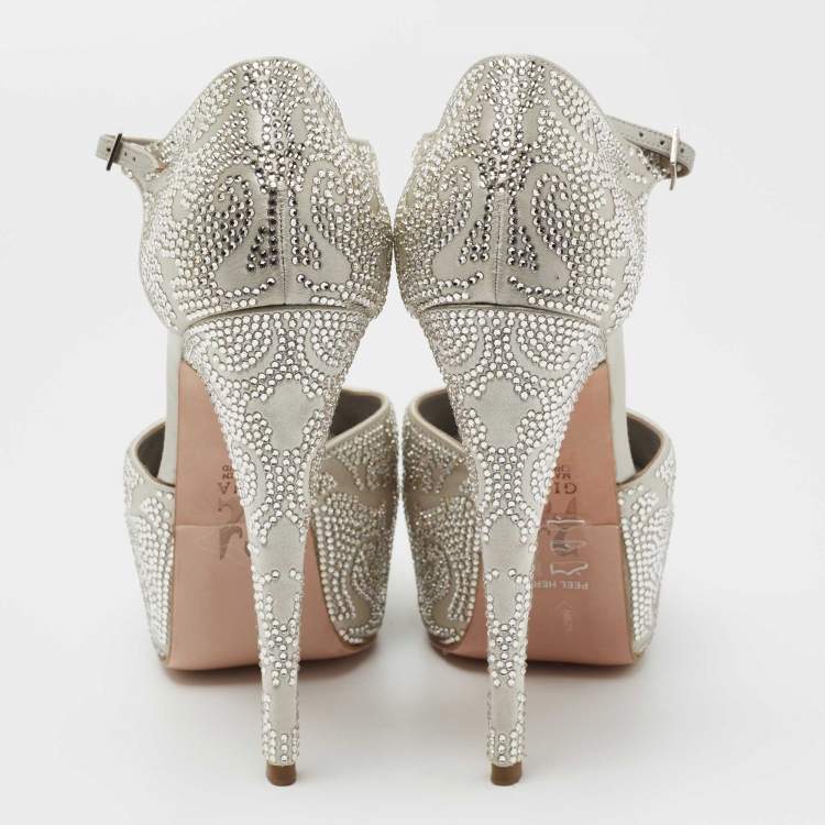 Pre Owned Gina Grey Satin Crystal Embellished Peep Toe Pumps Size 38