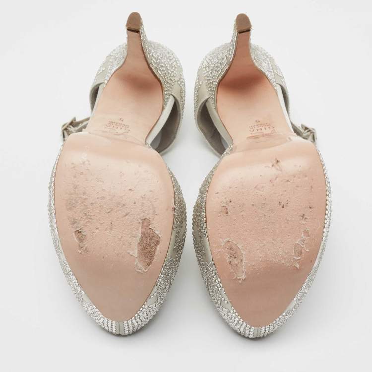 Pre Owned Gina Grey Satin Crystal Embellished Peep Toe Pumps Size 38