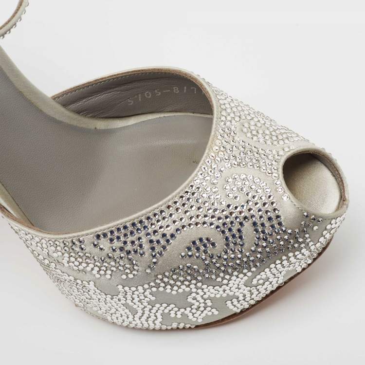 Pre Owned Gina Grey Satin Crystal Embellished Peep Toe Pumps Size 38