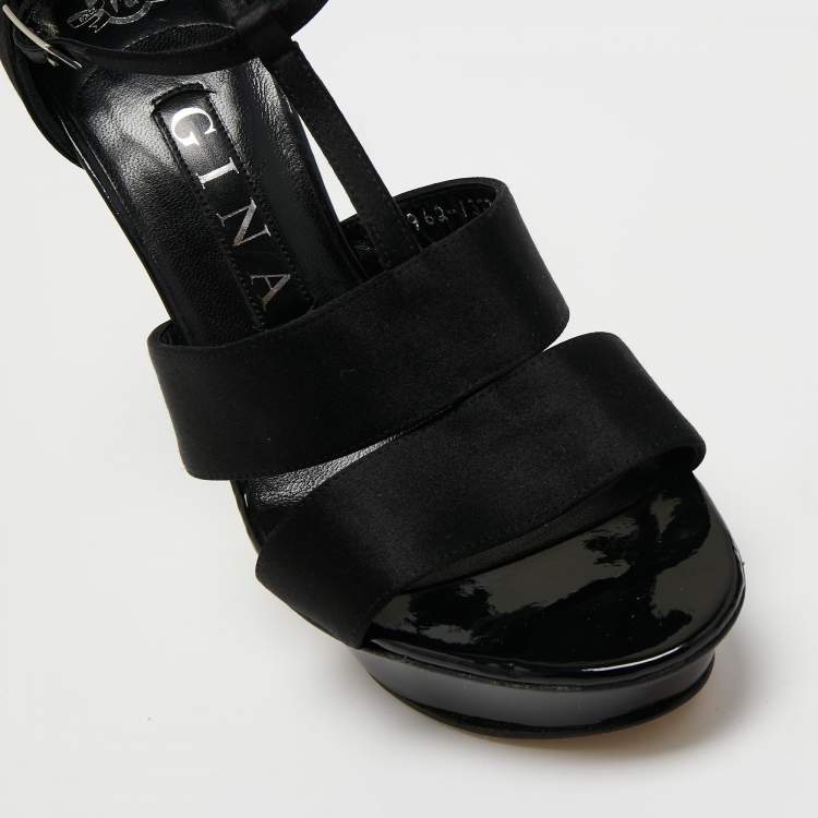Pre Owned Gina Black Satin Ankle Strap Platform Sandals Size 37.5