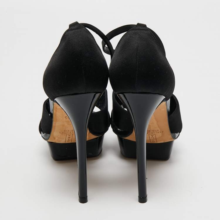 Pre Owned Gina Black Satin Ankle Strap Platform Sandals Size 37.5