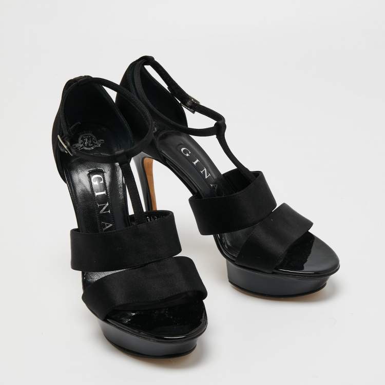 Pre Owned Gina Black Satin Ankle Strap Platform Sandals Size 37.5