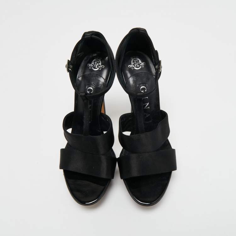 Pre Owned Gina Black Satin Ankle Strap Platform Sandals Size 37.5