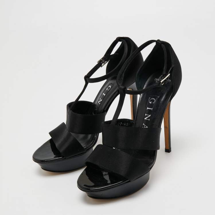 Pre Owned Gina Black Satin Ankle Strap Platform Sandals Size 37.5