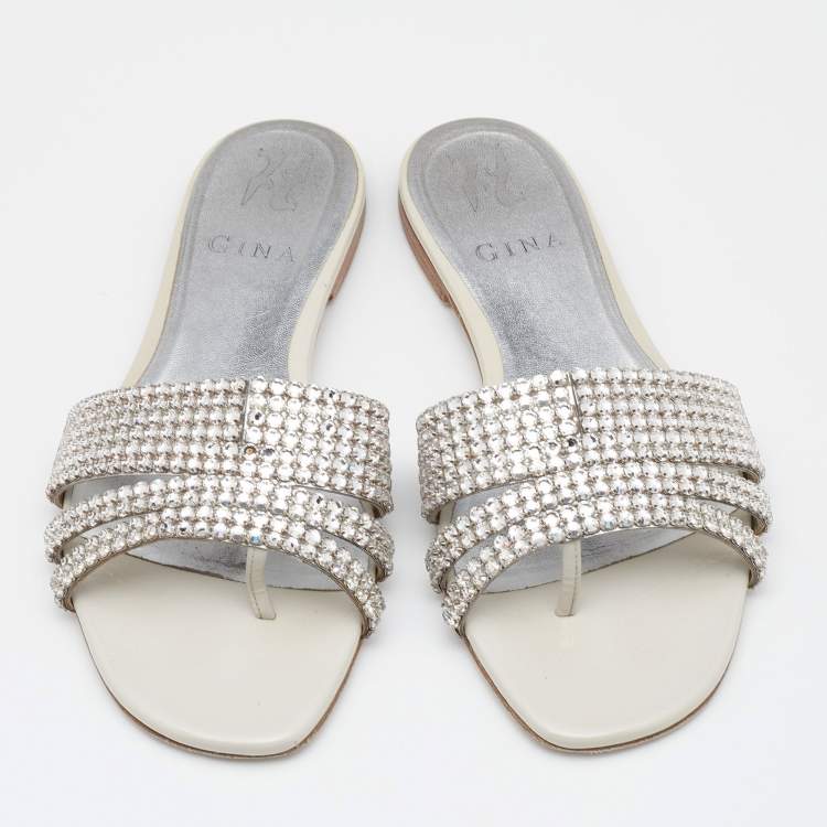 Pre Owned Gina Off White/Silver Patent Leather Crystal Embellished Flat Slides Size 37.5