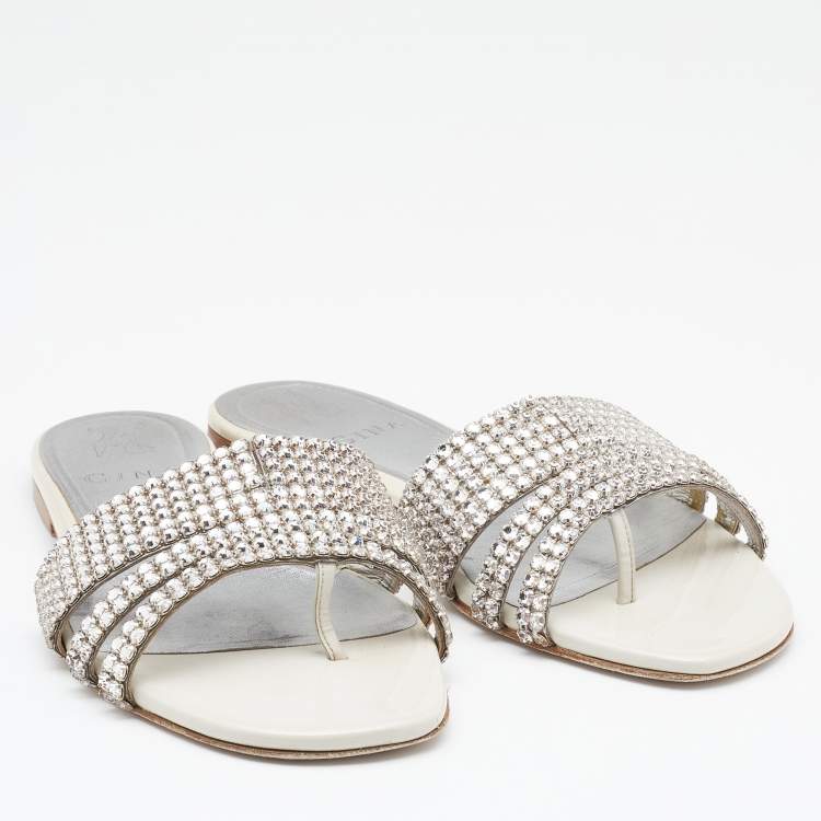 Pre Owned Gina Off White/Silver Patent Leather Crystal Embellished Flat Slides Size 37.5