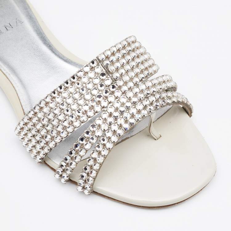 Pre Owned Gina Off White/Silver Patent Leather Crystal Embellished Flat Slides Size 37.5