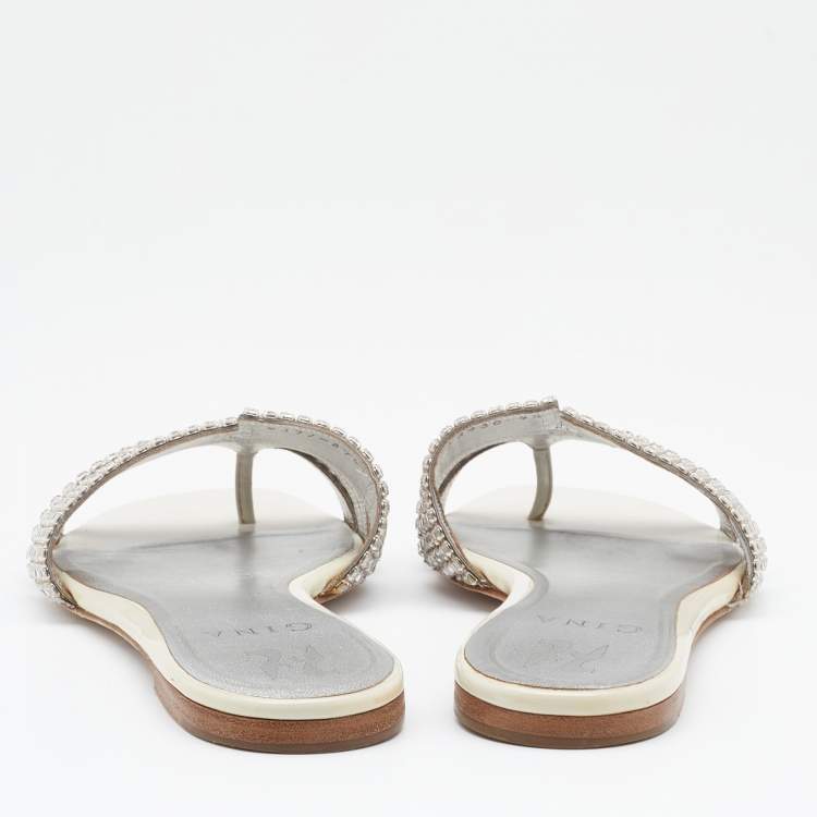 Pre Owned Gina Off White/Silver Patent Leather Crystal Embellished Flat Slides Size 37.5