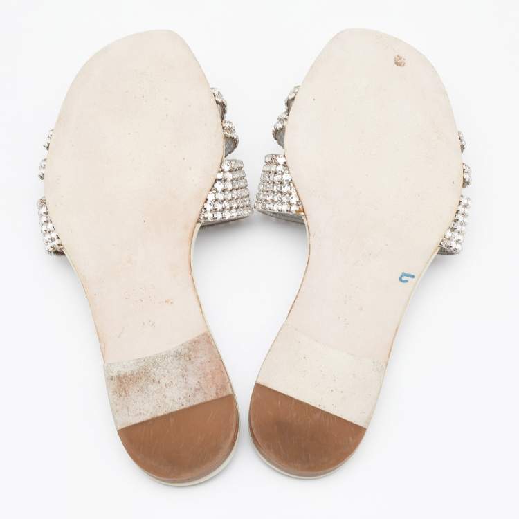 Pre Owned Gina Off White/Silver Patent Leather Crystal Embellished Flat Slides Size 37.5