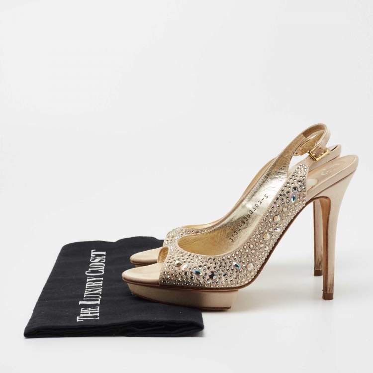 Pre Owned Gina Gold Satin Crystal Embellished Slingback Sandals Size 38