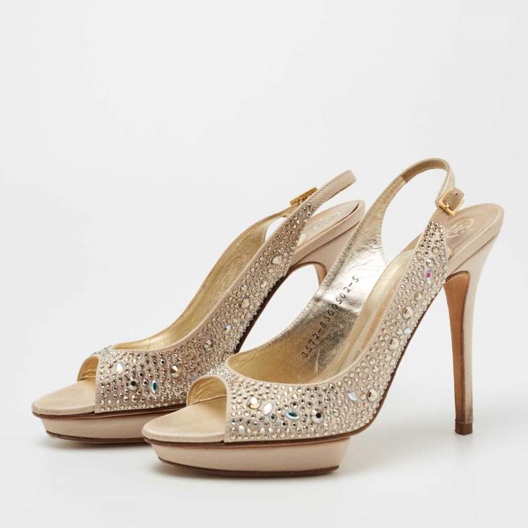 Pre Owned Gina Gold Satin Crystal Embellished Slingback Sandals Size 38