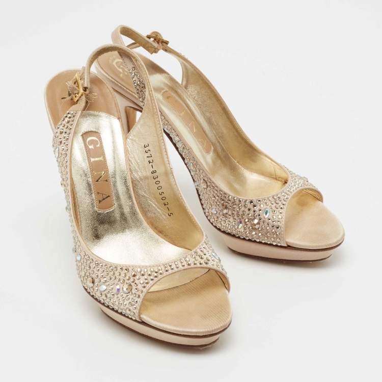 Pre Owned Gina Gold Satin Crystal Embellished Slingback Sandals Size 38