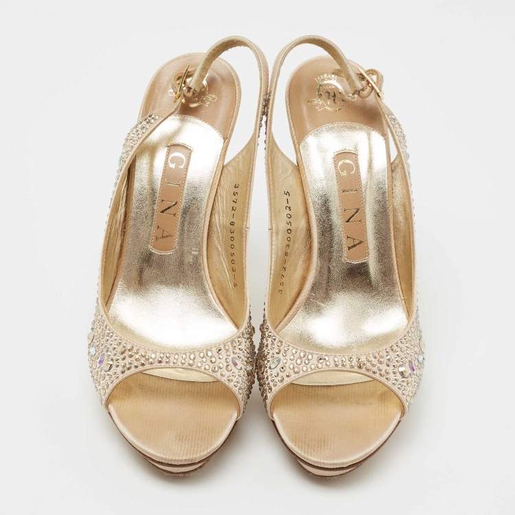 Pre Owned Gina Gold Satin Crystal Embellished Slingback Sandals Size 38