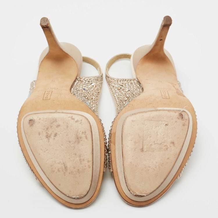 Pre Owned Gina Gold Satin Crystal Embellished Slingback Sandals Size 38