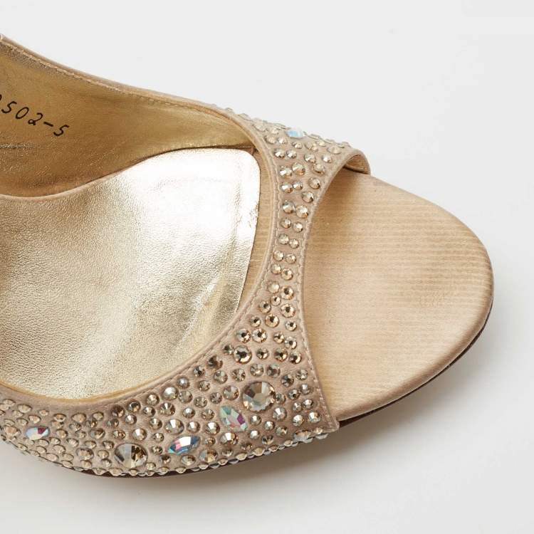 Pre Owned Gina Gold Satin Crystal Embellished Slingback Sandals Size 38