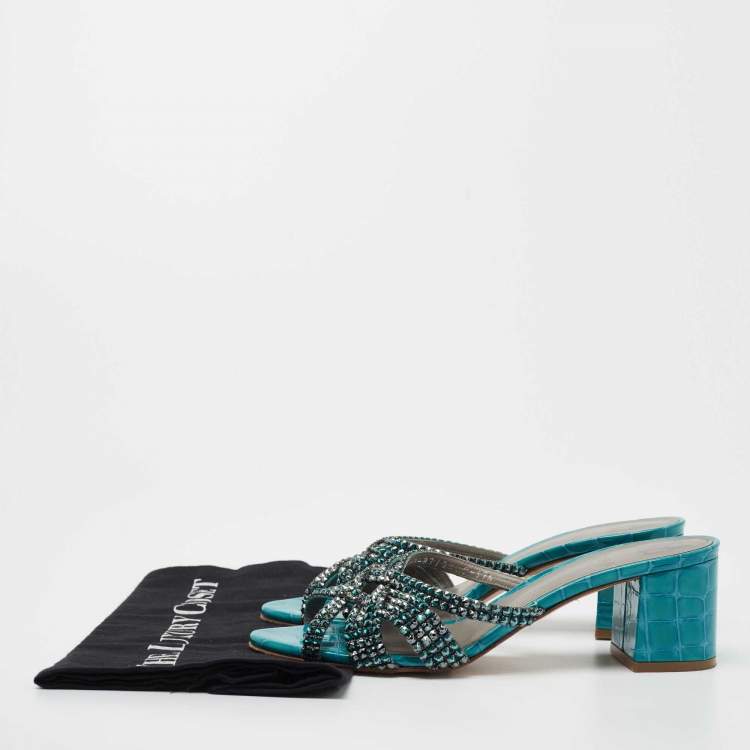 Pre Owned Gina Teal Crystal Embellished Leather Dexie Slide Sandals Size 37.5