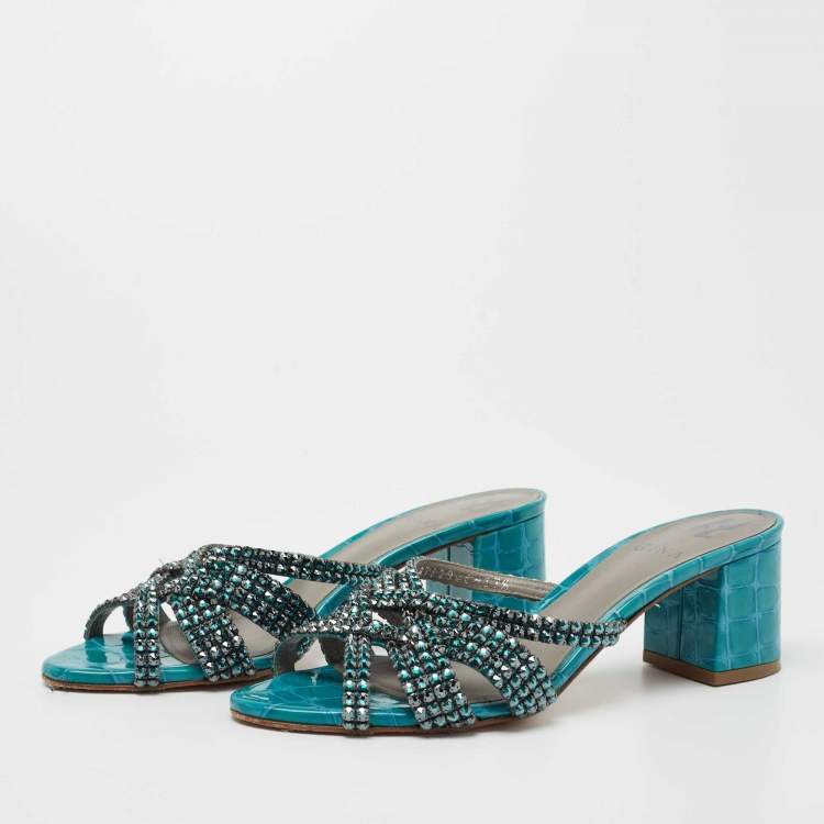 Pre Owned Gina Teal Crystal Embellished Leather Dexie Slide Sandals Size 37.5