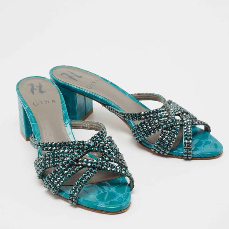 Pre Owned Gina Teal Crystal Embellished Leather Dexie Slide Sandals Size 37.5