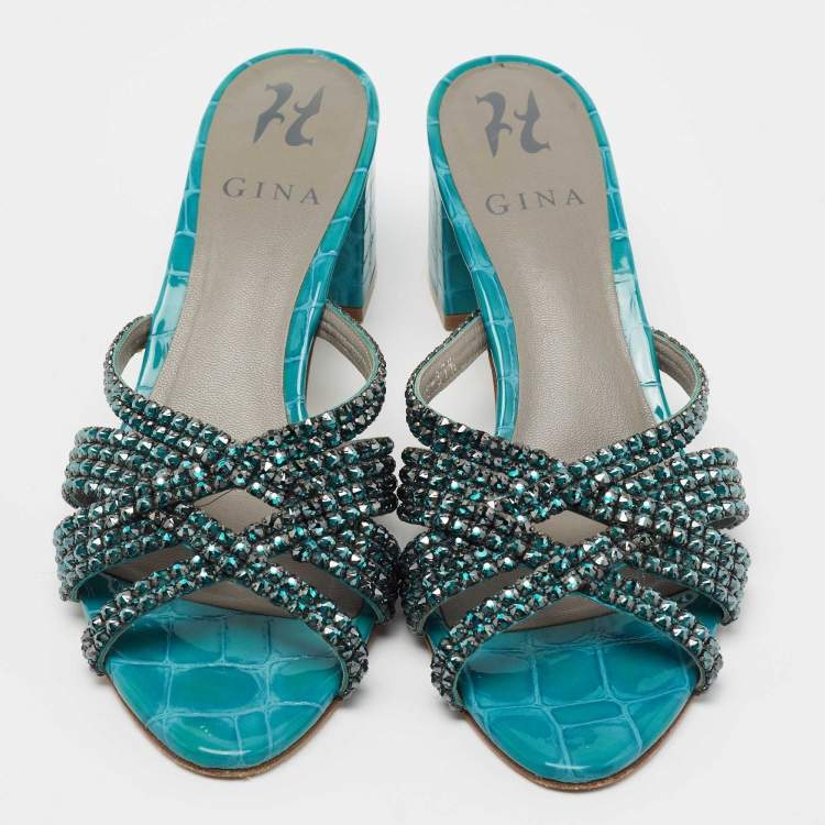 Pre Owned Gina Teal Crystal Embellished Leather Dexie Slide Sandals Size 37.5
