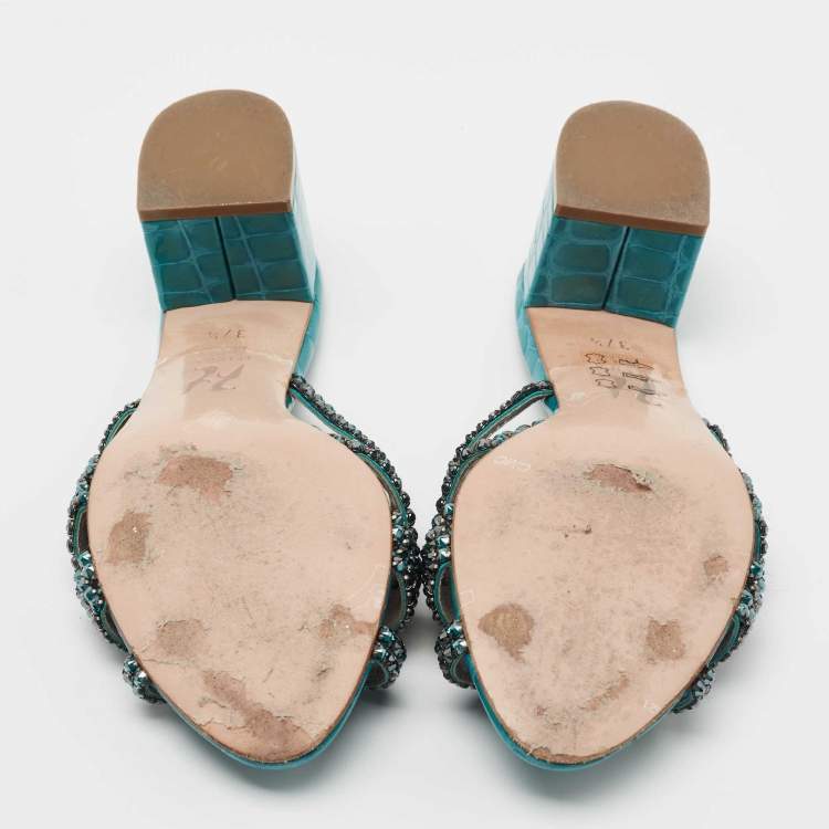 Pre Owned Gina Teal Crystal Embellished Leather Dexie Slide Sandals Size 37.5