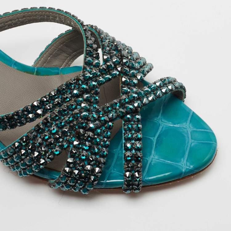 Pre Owned Gina Teal Crystal Embellished Leather Dexie Slide Sandals Size 37.5