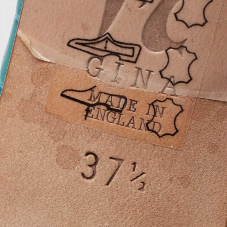 Pre Owned Gina Teal Crystal Embellished Leather Dexie Slide Sandals Size 37.5